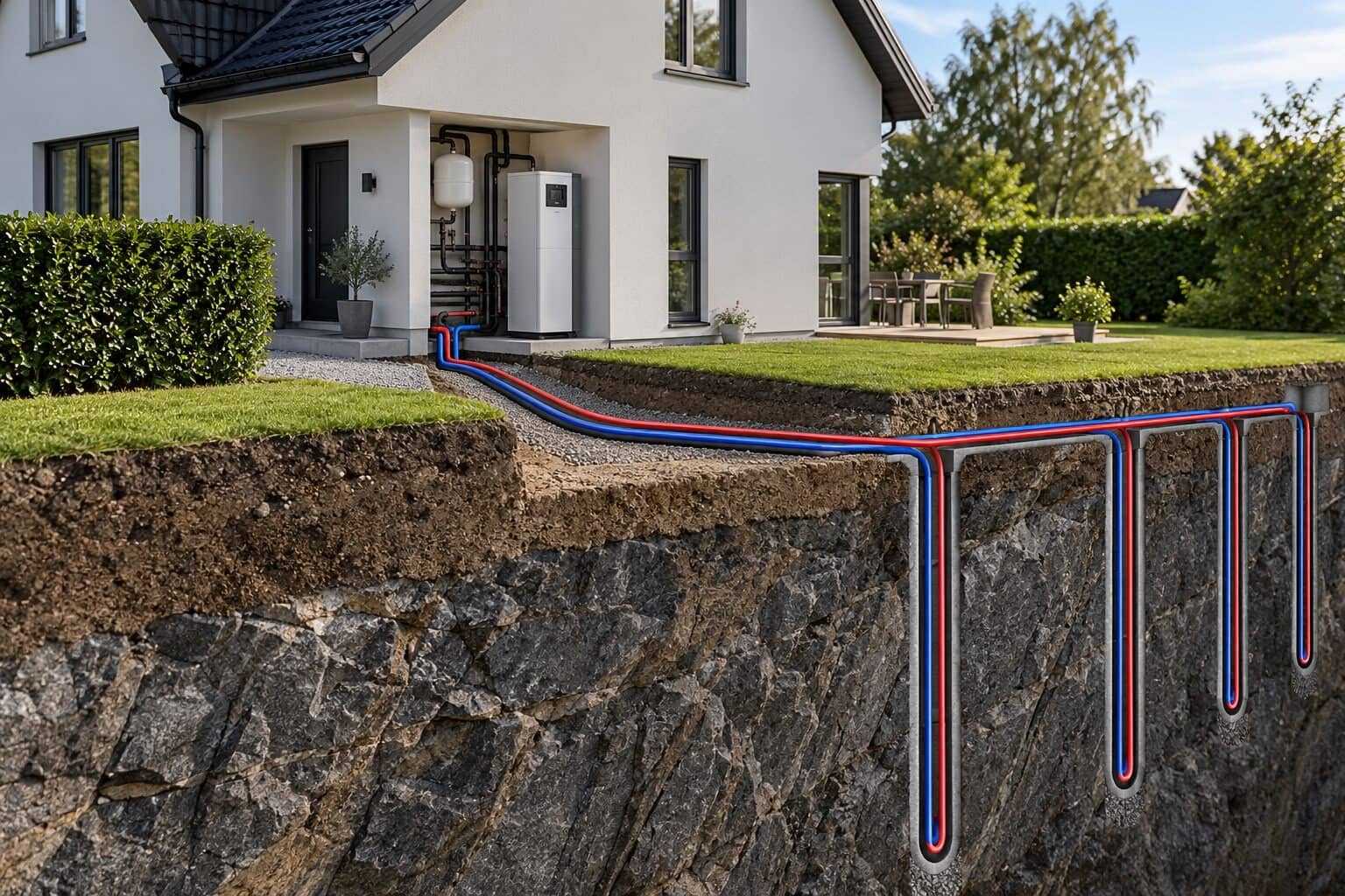 Genomskärning av en villatomt där kollektorslangar går från bergvärmepumpen vid huset ner i borrhål i berget